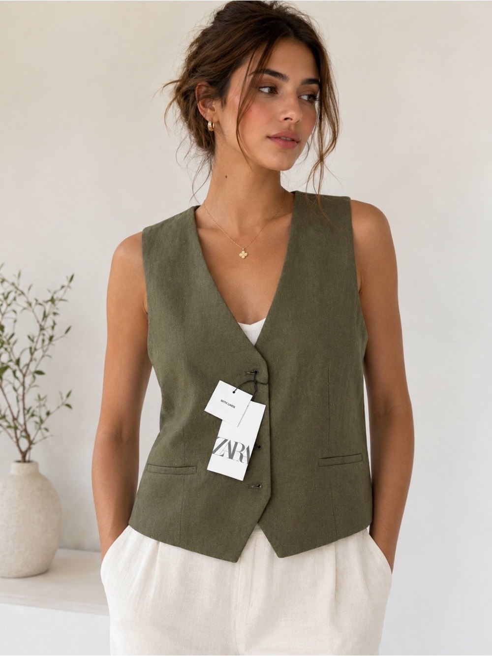 Zara Olive Linen Tailored Vest